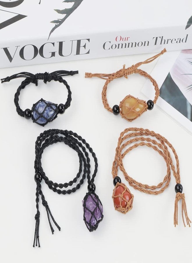 weryerker 6 PCS Crystal Necklace 6 PCS Crystal Gem Bracelet Cord Empty Stone Holder 1.57“ Hand-Woven Necklace Cord with Adjustable for Stone Necklace DIY Bracelet (Black + Coffee) - Image 4